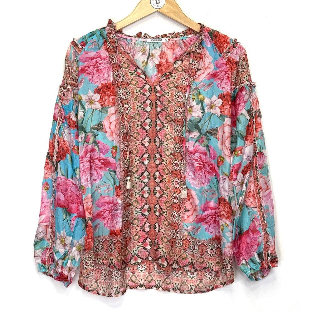 JOHNNY WAS Silk Rose Narcisa Blouse XS Collar Tie Pullover Colorful Lightweight